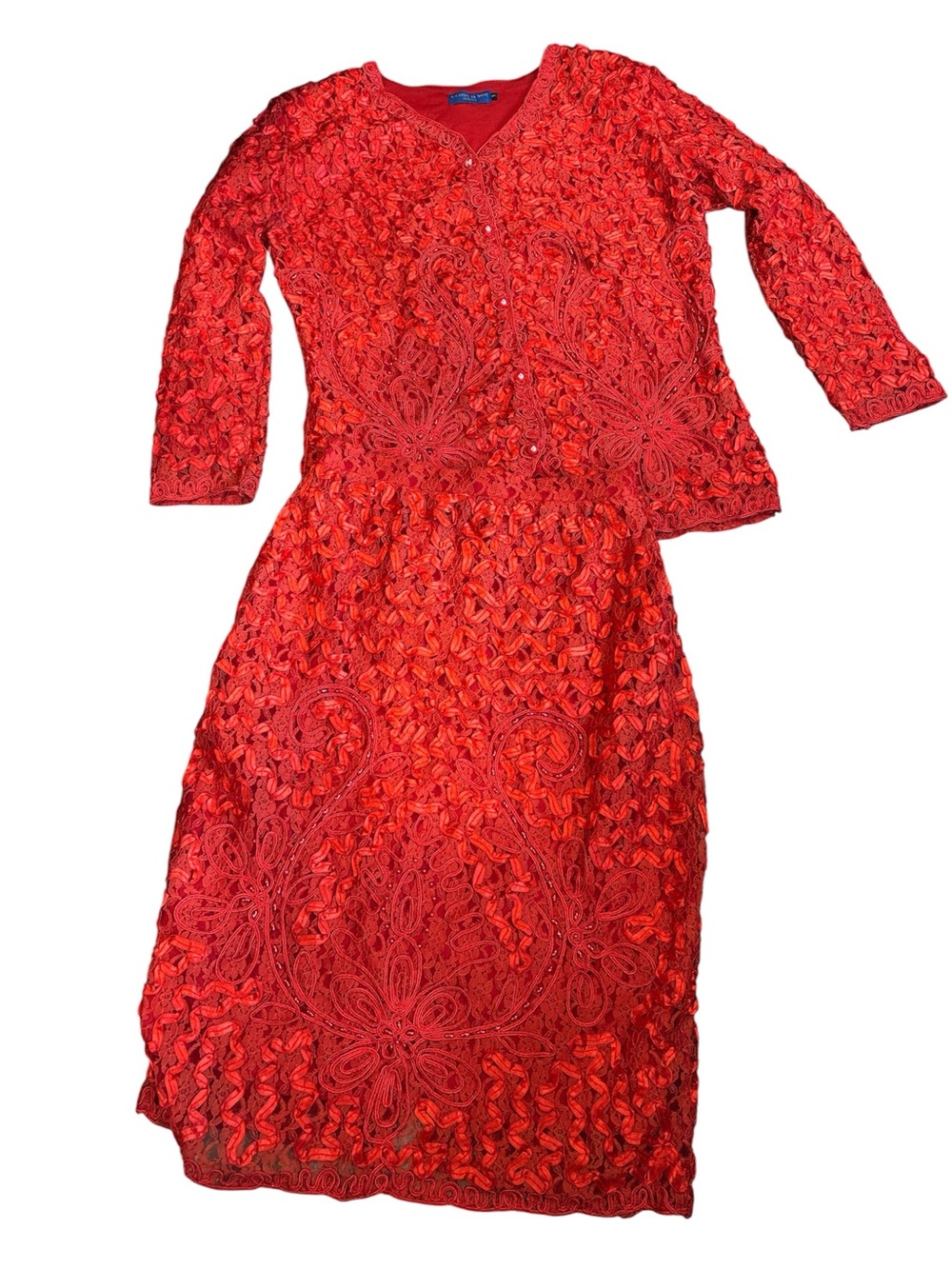 Vintage Come N See Red Ribbon Lace BeadedTwo-Piece Skirt Set Small